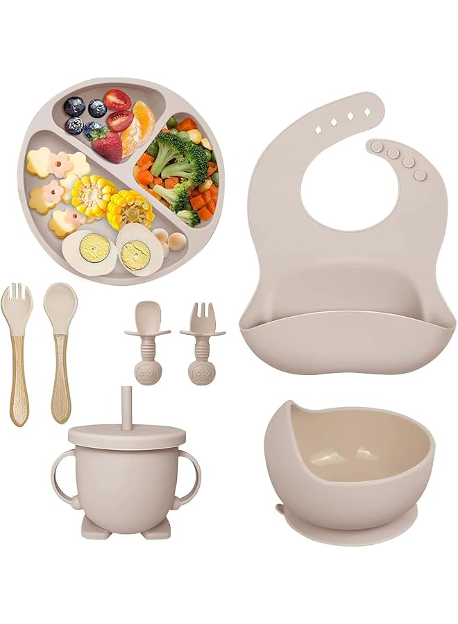 U-HOOME Silicone Baby Feeding Set Led Weaning Supplies With Suction Bowl Divided Plate Toddler Self Feeding Dish Spoons Forks Sippy Cup Adjustable Bib Eating Utensils (Beige) - Image 1