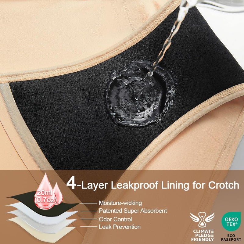 Battewa Leakproof Underwear for Women Low-Waist Bikini Light Incontinence Leak Protection, 20ml Absorbency Washable Reusable High-Cut Hipster Briefs 3Pack (Beige, Large) - Image 2