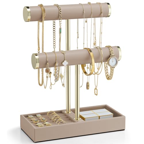 Vlando 2 Tier Bracelet Holder with Tray Leather Jewelry Stand Organizer for Women Valentines Day Gift Her Jewelry Holder Display for Necklace Watches Rings Earrings Bangle Scrunchie Toffee - Image 1