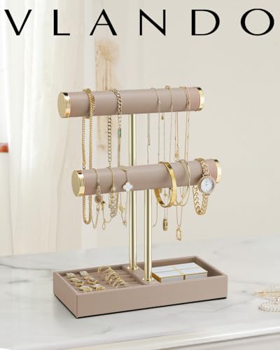 Vlando 2 Tier Bracelet Holder with Tray Leather Jewelry Stand Organizer for Women Valentines Day Gift Her Jewelry Holder Display for Necklace Watches Rings Earrings Bangle Scrunchie Toffee - Image 3