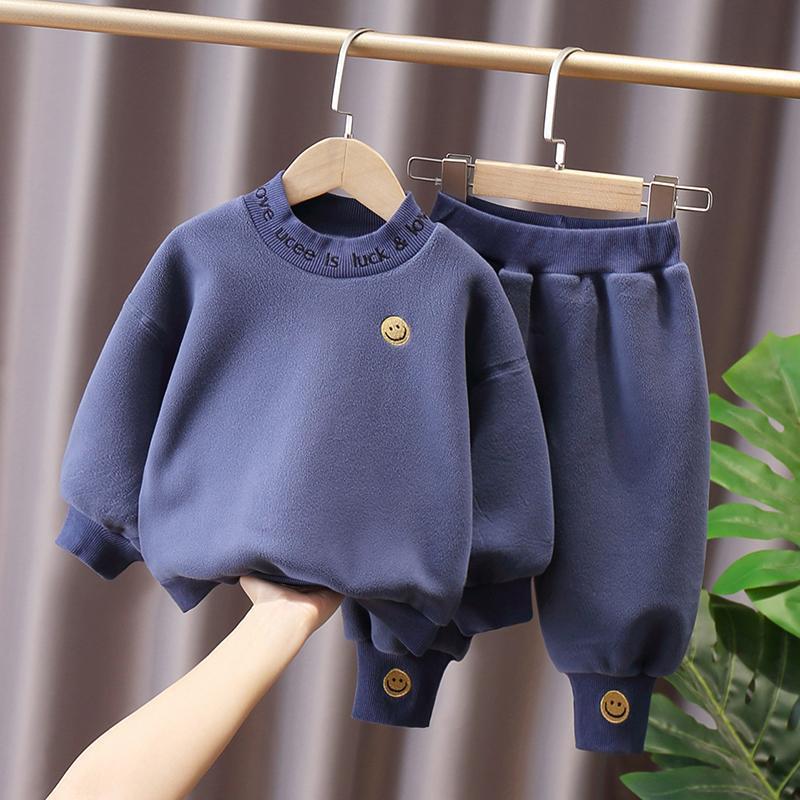 Boys Girls Fleece-Lined Hoodie  Pants Set Dark blue suit