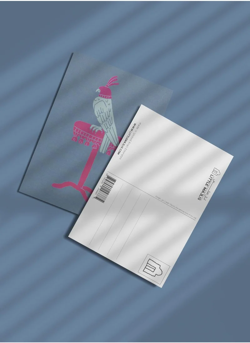 Little Majlis Postcard, falcon, pink on blue