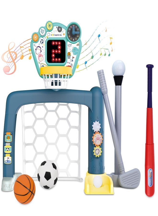 PRE-WORLD 4 in 1 Adjustable Basketball Hoop Soccer Goal for Toddlers 1-3,Kids Sports Toys with Golf Baseball Toy,LED Scoreboard, Music & Educational Games,Indoor & Outdoor Baby Activity Center Age 18+M Boy Girl - Image 1