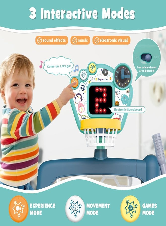 PRE-WORLD 4 in 1 Adjustable Basketball Hoop Soccer Goal for Toddlers 1-3,Kids Sports Toys with Golf Baseball Toy,LED Scoreboard, Music & Educational Games,Indoor & Outdoor Baby Activity Center Age 18+M Boy Girl - Image 4