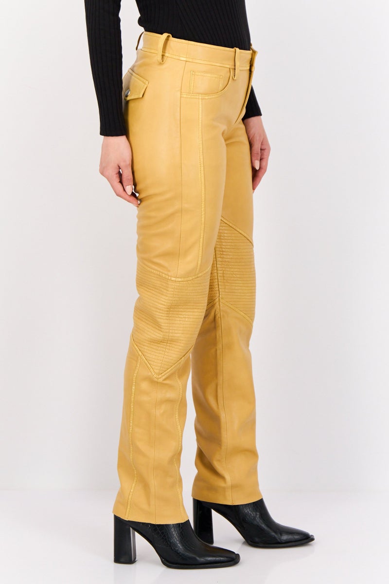 ESPRIT Women Regular Fit Textured Straight Leg Leather Pants, Mustard - Image 4