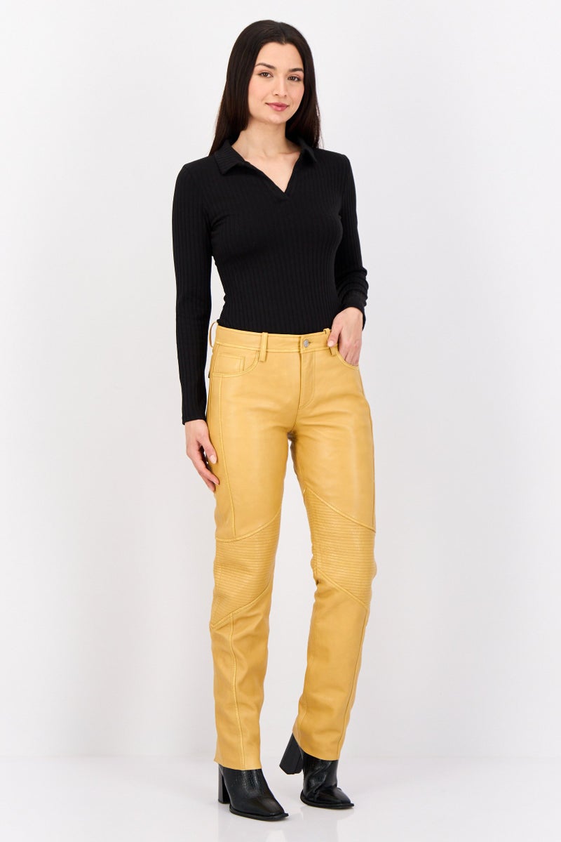 ESPRIT Women Regular Fit Textured Straight Leg Leather Pants, Mustard - Image 3