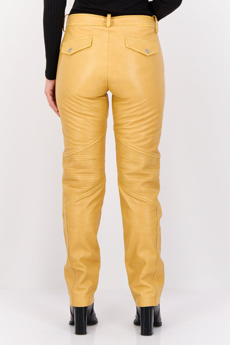ESPRIT Women Regular Fit Textured Straight Leg Leather Pants, Mustard - Image 2
