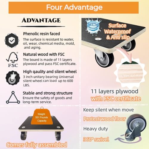 HBFBDRCT Hardwood Furniture Moving Wooden Dolly with 4 Rubber Silent Wheels,15 Inch Securely Holds 2204 Lbs Heavy Duty Rolling Mover for Piano Couch Fridge Washing Machine Big Plant, 2 Packs - Image 3