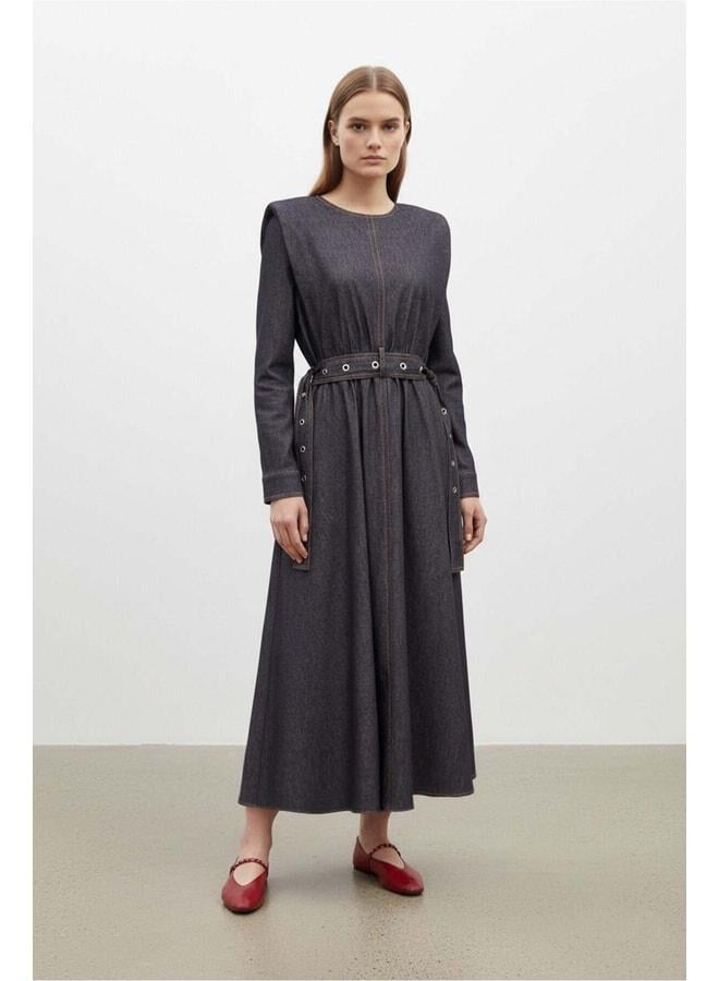 Soul Women's Vest Belt Denim-Style Dress - 32476ELB - LACİVERT - Image 1
