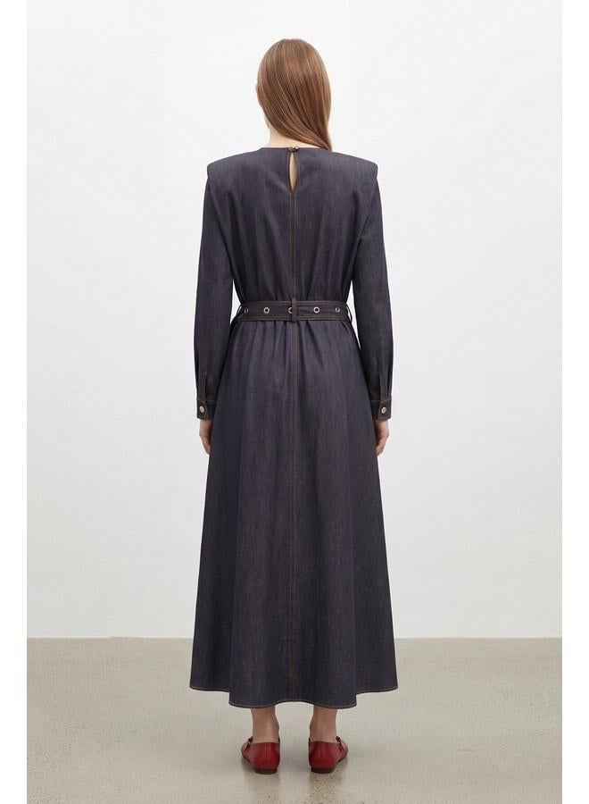Soul Women's Vest Belt Denim-Style Dress - 32476ELB - LACİVERT - Image 3