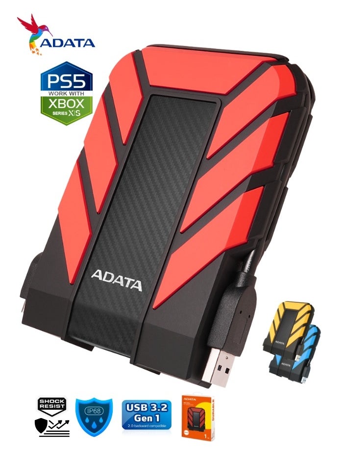 ADATA - HD710 Pro DURABLE 1TB External HDD | Fast Data Anti-Shock Hard Drive | Compatible with PS5 XBOX | Shockproof Waterproof | Red - Image 1
