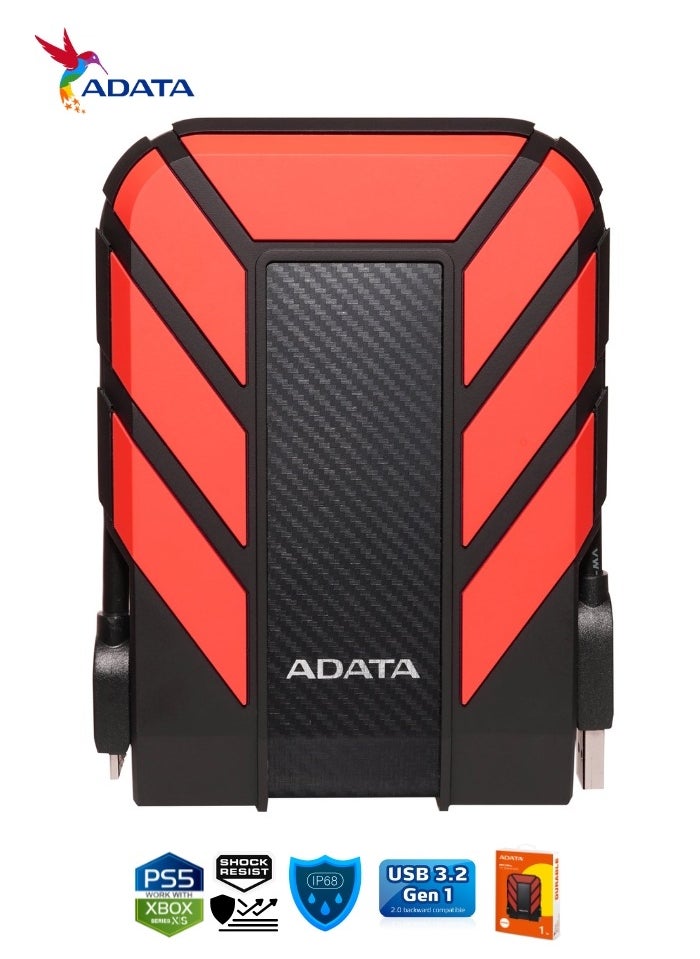 ADATA - HD710 Pro DURABLE 1TB External HDD | Fast Data Anti-Shock Hard Drive | Compatible with PS5 XBOX | Shockproof Waterproof | Red - Image 1