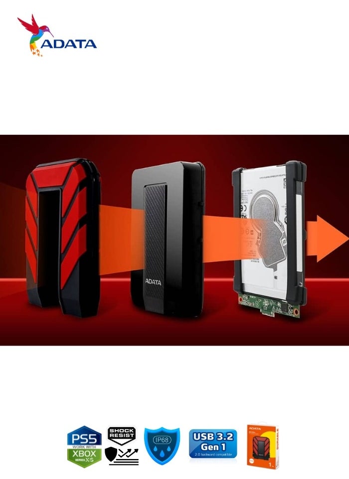 ADATA - HD710 Pro DURABLE 1TB External HDD | Fast Data Anti-Shock Hard Drive | Compatible with PS5 XBOX | Shockproof Waterproof | Red - Image 1