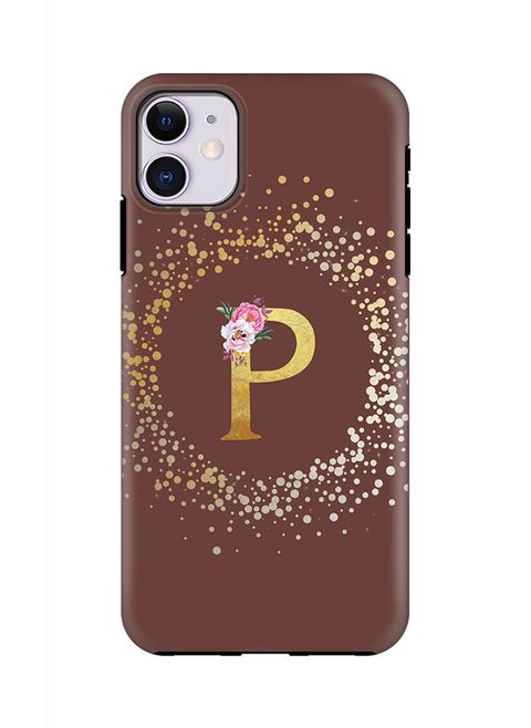Monogram Tough Series for Apple iPhone 11 Custom Initials Floral Pattern Tough Pro Dual Layer hybrid PC inner TPU protection Alphabet- P (Brown)