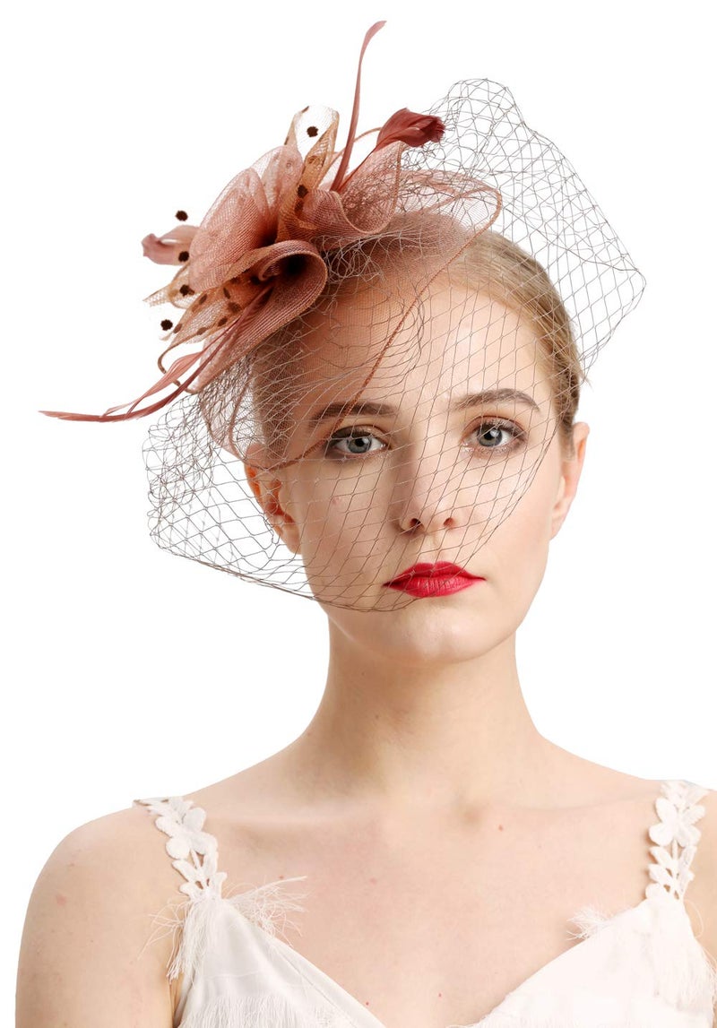 Cizoe Fascinators Hats 20s 50s Hat Pillbox Hat Cocktail Tea Party Headwear with Veil for Girls and Women(D-coffee) - Image 4