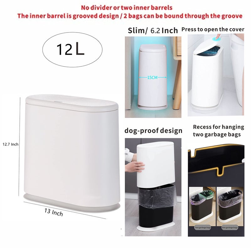 Cq acrylic White Slim Bathroom Trash Can with Press Top Lid,12 Liter Small Thin Garbage Can,3.17 Gallon Narrow Dog Proof Plastic Waste Basket and Covered Wastebasket for Room,Bedroom,Kitchen,Toilet,Office,Dorm - Image 2
