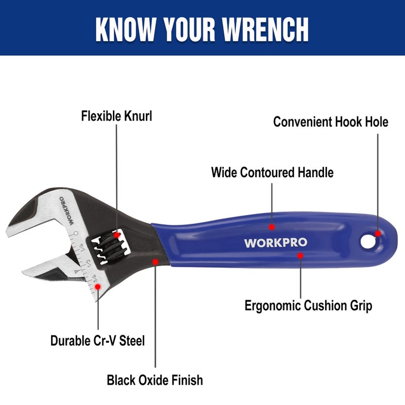 WORKPRO 6-Inch Adjustable Wrench, Wide Jaw Cr-V Steel Black Oxide Finish, for Medium-Size Bolts (M6â€“M16), Metric & SAE Scales, for Home, Garage, DIY & Workshop Use - Image 2