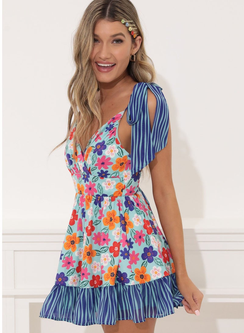 MANIKAN MANIKAN Floral Print Dress with Striped Pattern, V-Neck, Flared Skirt  - Image 3