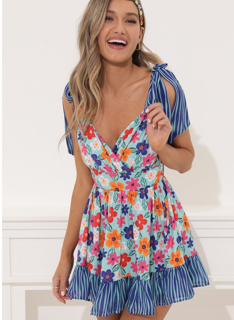 MANIKAN MANIKAN Floral Print Dress with Striped Pattern, V-Neck, Flared Skirt  - Image 1