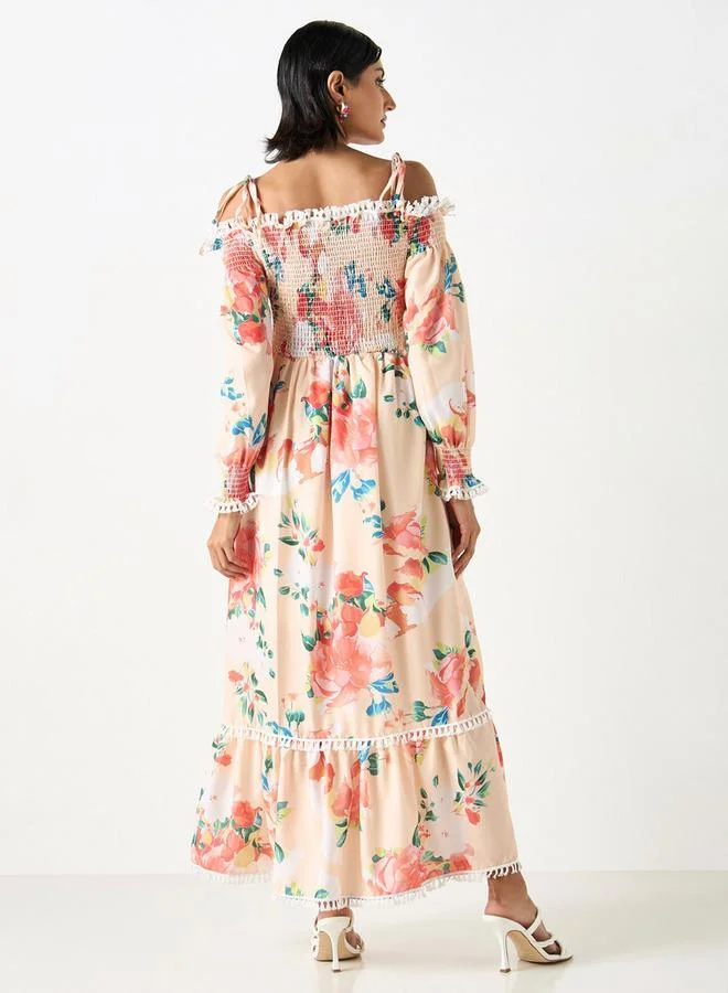 2Xtremz 2Xtremz Floral Print Smocked Maxi Off Shoulder Dress with Strappy Tie-Ups