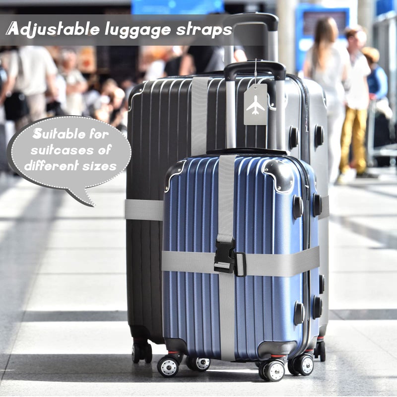 Weewooday 8 Pcs Luggage Straps Suitcase Tags Set for TSA Approved, 4 Travel Adjustable Suitcase Belt, 4 Silicone Luggage Tags with Name ID Card Travel Accessories(Light Gray,Airplane) - Image 5