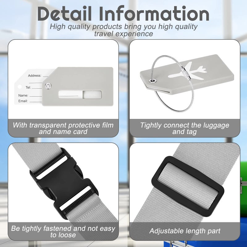 Weewooday 8 Pcs Luggage Straps Suitcase Tags Set for TSA Approved, 4 Travel Adjustable Suitcase Belt, 4 Silicone Luggage Tags with Name ID Card Travel Accessories(Light Gray,Airplane) - Image 3