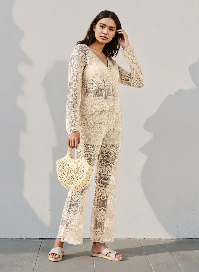 تواكستريمز 2Xtremz Crochet Textured V-neck Jacket with Scalloped Hem