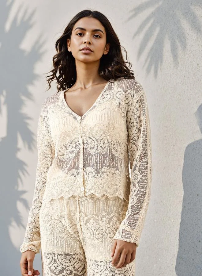 2Xtremz 2Xtremz Crochet Textured V-neck Jacket with Scalloped Hem