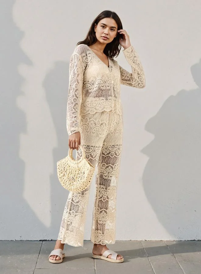 2Xtremz 2Xtremz Crochet Textured V-neck Jacket with Scalloped Hem