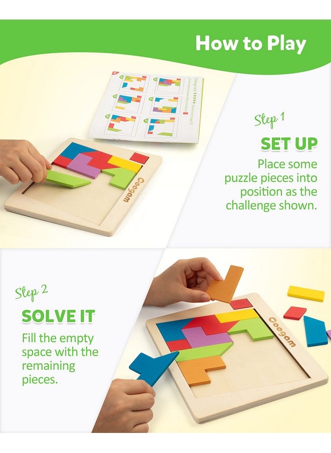 Coogam - Coogam Wooden Puzzle Blocks Geometric Tangram Brain Teasers Jigsaw 3D Logic IQ Game Colorful Shape Pattern Montessori STEM Educational Toys Gift 60 Challenges for All Age - Image 1