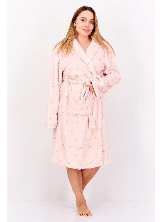 Women Textured Fleece Belted Bath Robe, Pink