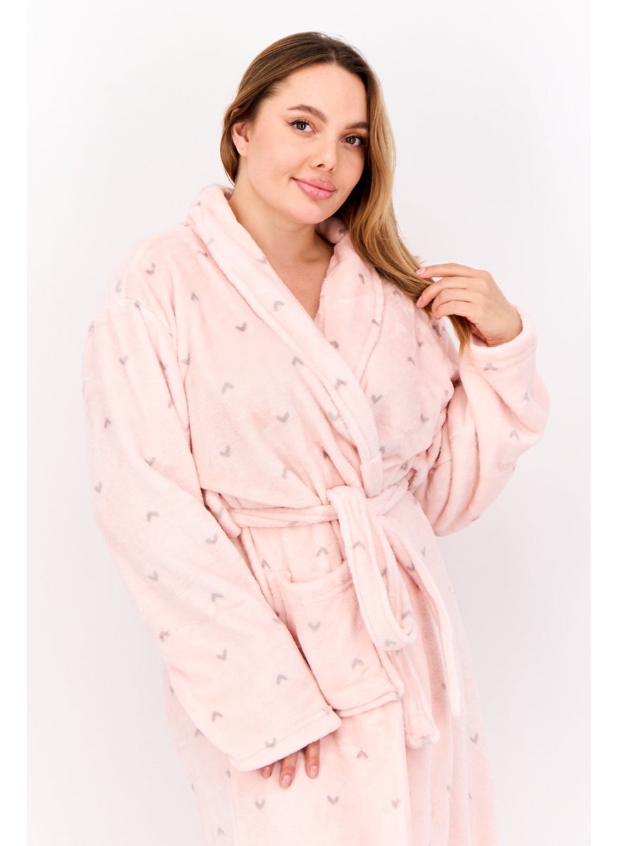XOXO - Women Textured Fleece Belted Bath Robe, Pink - Image 1