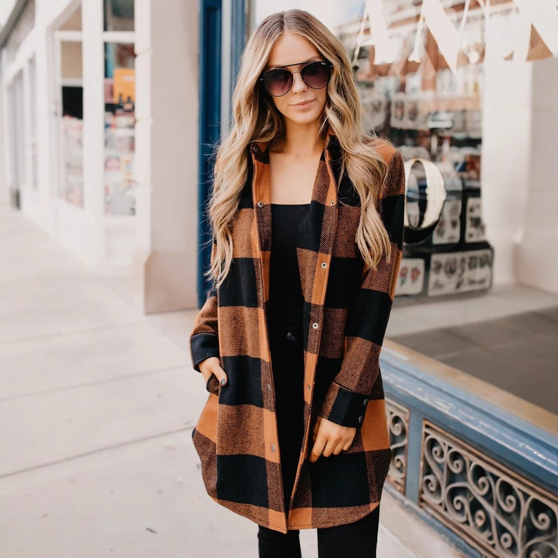 معطف نسائي طويل الأكمام بنقشة المربعات - Image 2