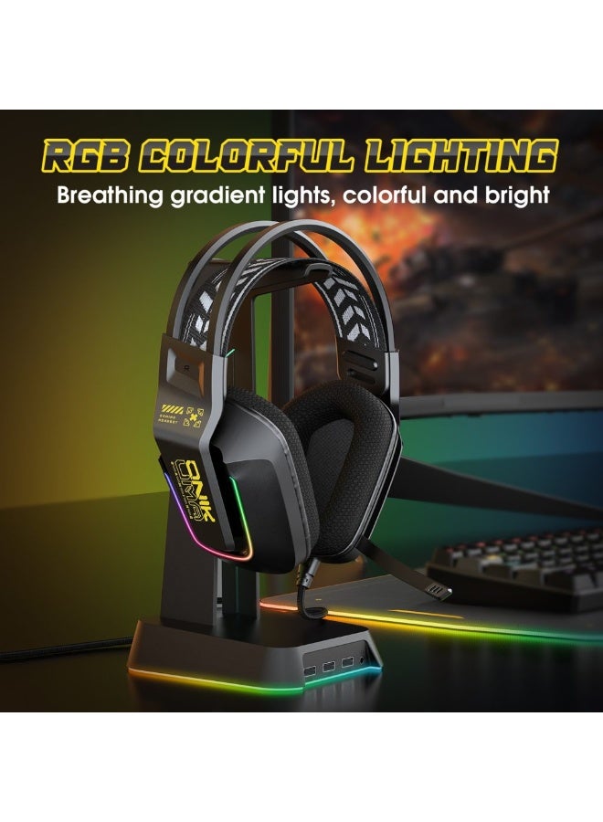 أونيكوما سماعة ألعاب X13 ستيريو RGB، صوت ستيريو، ميكروفون دوار بزاوية 120 درجة، إضاءة RGB رائعة، منفذ 3.5 مم + USB للإضاءة، وحدة مكبر صوت 50 مم. وسادات أذن ثلاثية الأبعاد مريحة للغاية. لأجهزة Xbox، PS4/5، Switch، الهواتف المحمولة، الكمبيوتر الشخصي - لون أسود. - Image 4