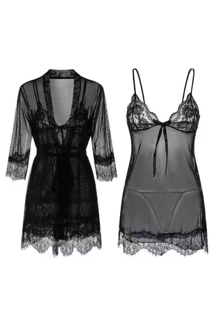 جوي شيك قميص نوم نسائي من أربع قطع، بيجامات نسائية من الدانتيل، حمالات بدون ظهر، قميص نوم عميق على شكل حرف V وأكمام طويلة، ملابس منزلية، حلوة وعصرية، لون أسود - Image 1