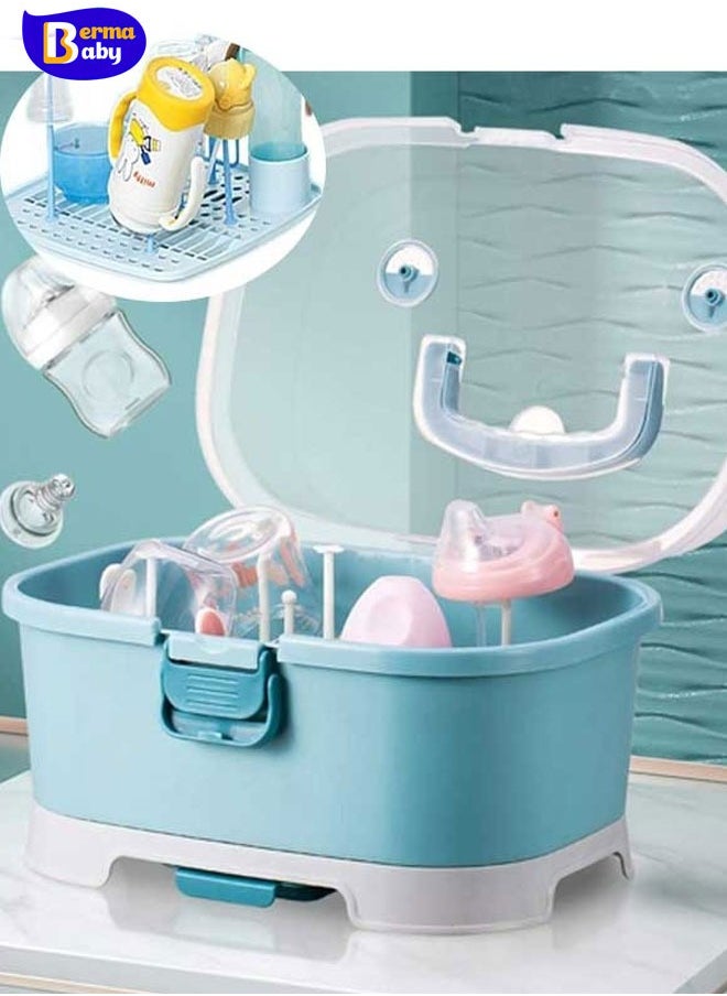 Berma Baby رف تجفيف زجاجات الأطفال، منظم صندوق تخزين زجاجات الرضاعة الكبير مع غطاء، منظم خزانة المطبخ المحمول، مصفاة سهلة التنظيف، مجفف متين على سطح الطاولة (أزرق)  - Image 1