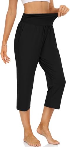 UEU Women's Plus Size High Waisted Capri Casual Summer Loose Yoga Pants Comfy Lounge Sweat Capris Sweatpants with Pockets(Black,XL) - Image 3