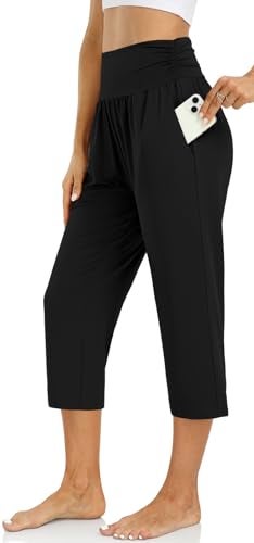UEU Women's Plus Size High Waisted Capri Casual Summer Loose Yoga Pants Comfy Lounge Sweat Capris Sweatpants with Pockets(Black,XL) - Image 2