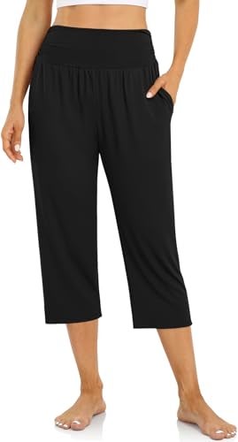 UEU Women's Plus Size High Waisted Capri Casual Summer Loose Yoga Pants Comfy Lounge Sweat Capris Sweatpants with Pockets(Black,XL) - Image 1
