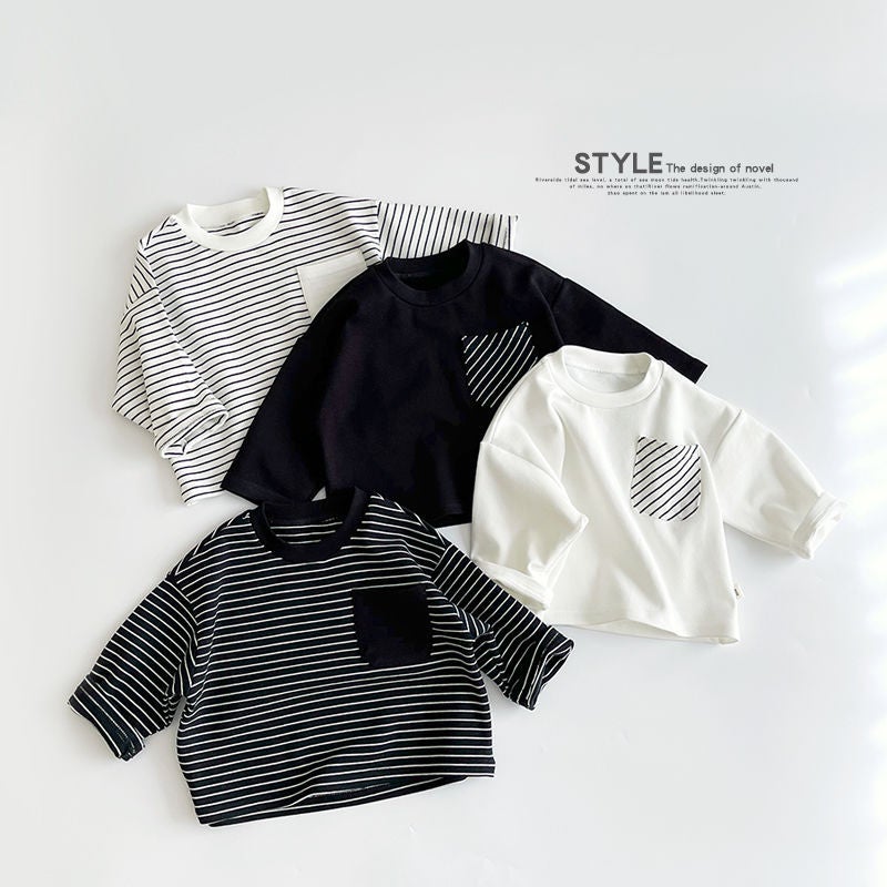 Boys' Stripesd Bottoming Shirt 2025 Spring & Fall New Kidsren'S Long-Sleeved T-Shirt Thin Section Male And Female Baby Style Tops - Image 1