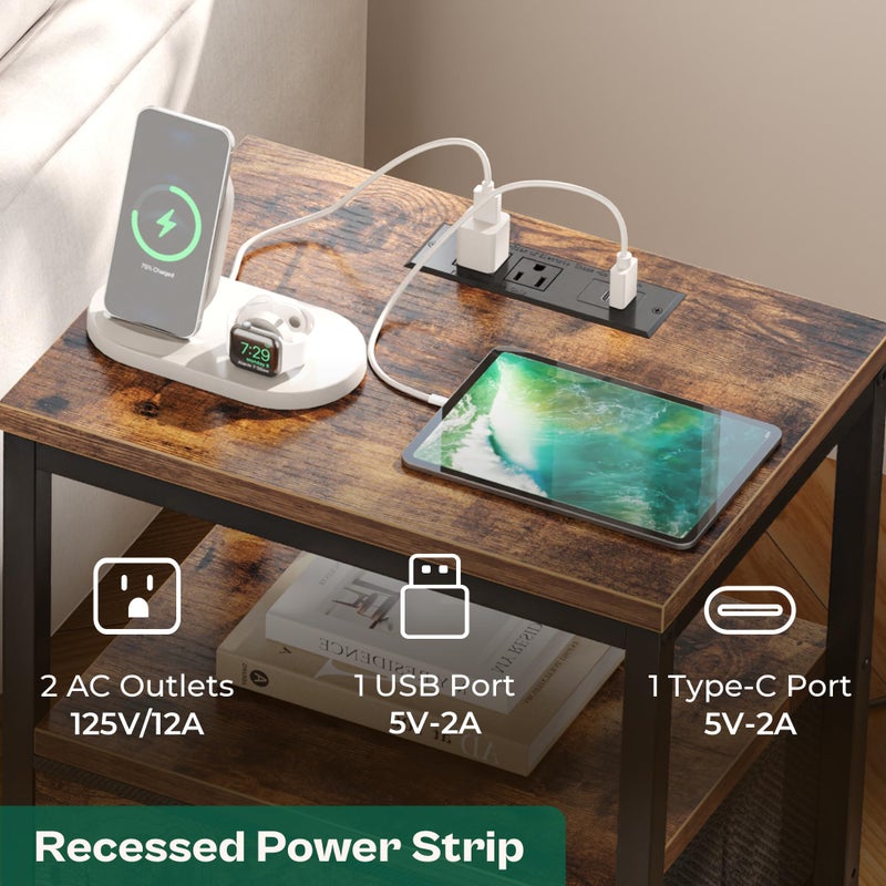 Huuger Nightstand with Charging Station, Fabric Drawers, End Table with Open Shelf, Bedside Table with USB Ports and Outlets, Night Stand for Bedroom, Rustic Brown - Image 3