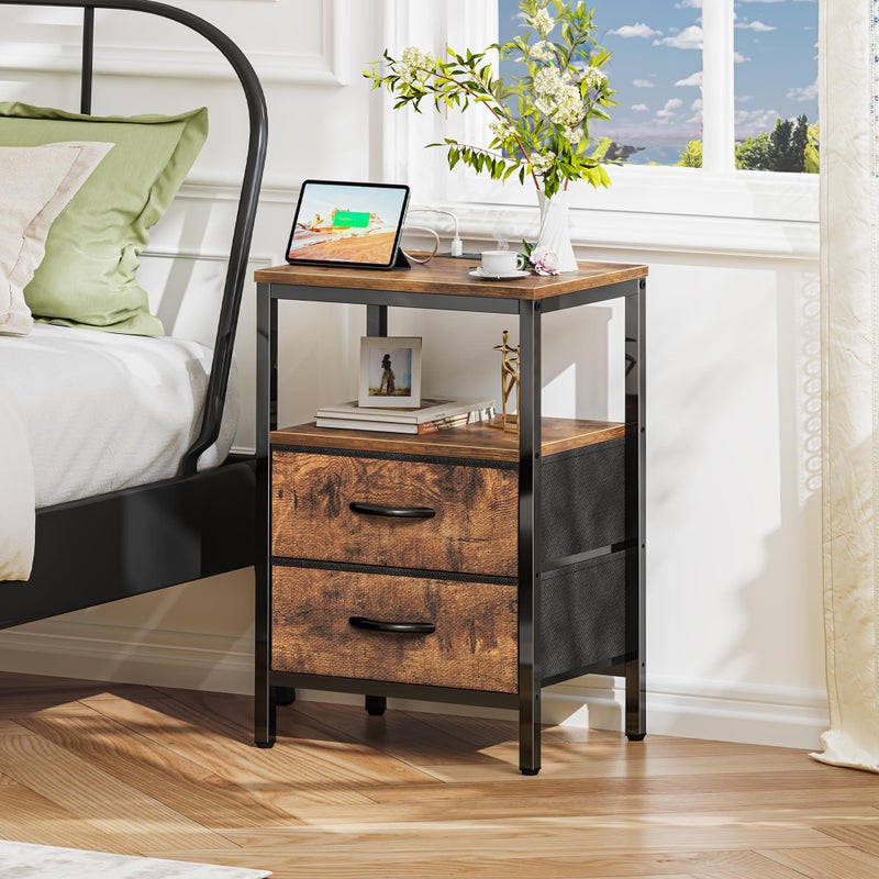 Huuger Nightstand with Charging Station, Fabric Drawers, End Table with Open Shelf, Bedside Table with USB Ports and Outlets, Night Stand for Bedroom, Rustic Brown - Image 2