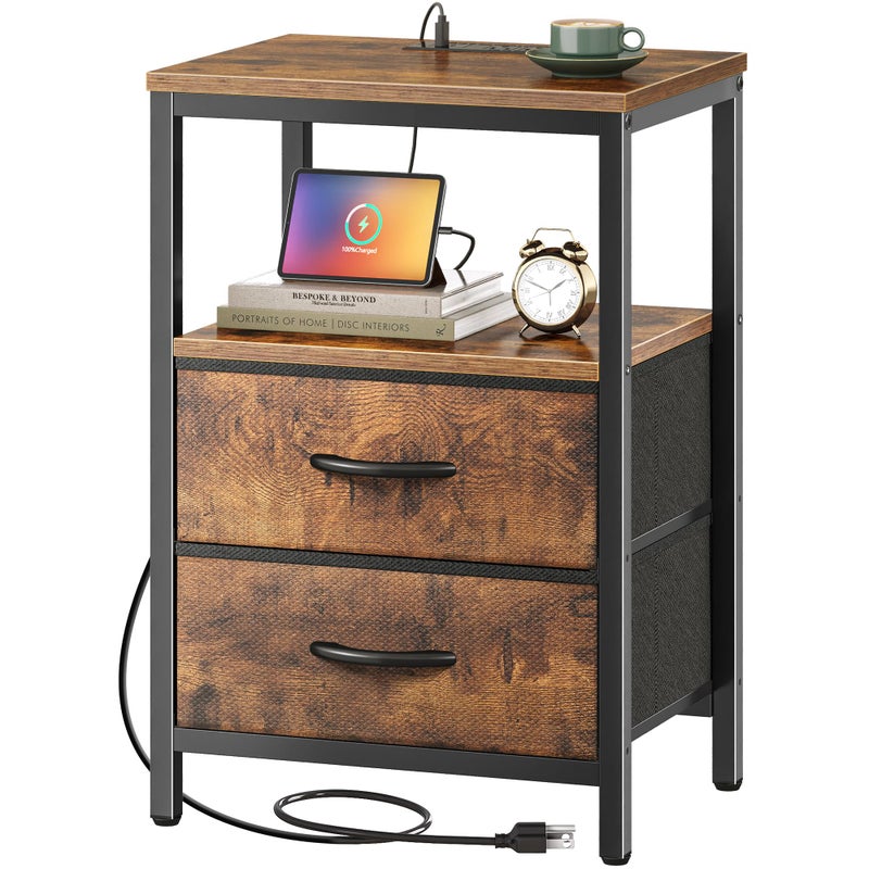Huuger Nightstand with Charging Station, Fabric Drawers, End Table with Open Shelf, Bedside Table with USB Ports and Outlets, Night Stand for Bedroom, Rustic Brown - Image 1