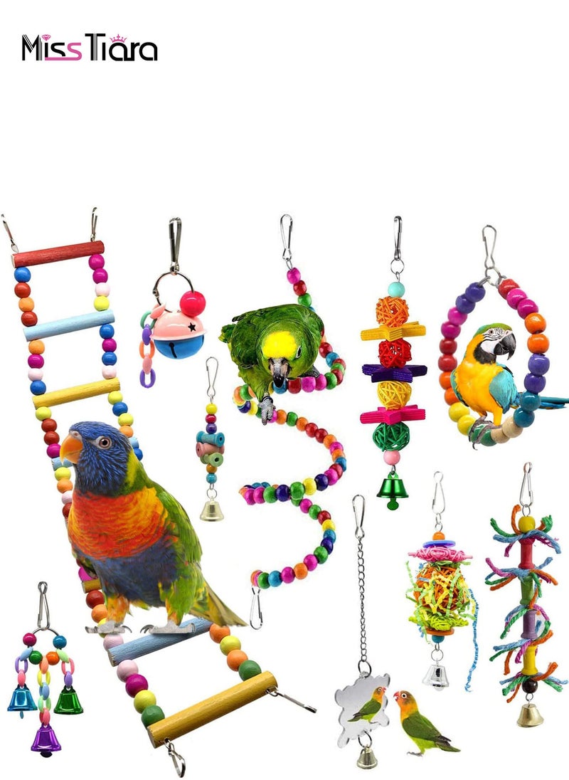 MissTiara - 10-Pack Bird Parrot Ladder Hanging Bell Swing Cage Toys- Budgie, Cockatiel, Conure, Finch, Small Parakeet, African Grey Parrot, Canary - Image 1