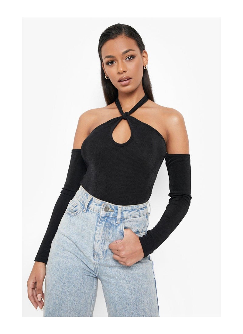 boohoo - Acetate Slinky Cut Out Halter Bodysuit - Image 1