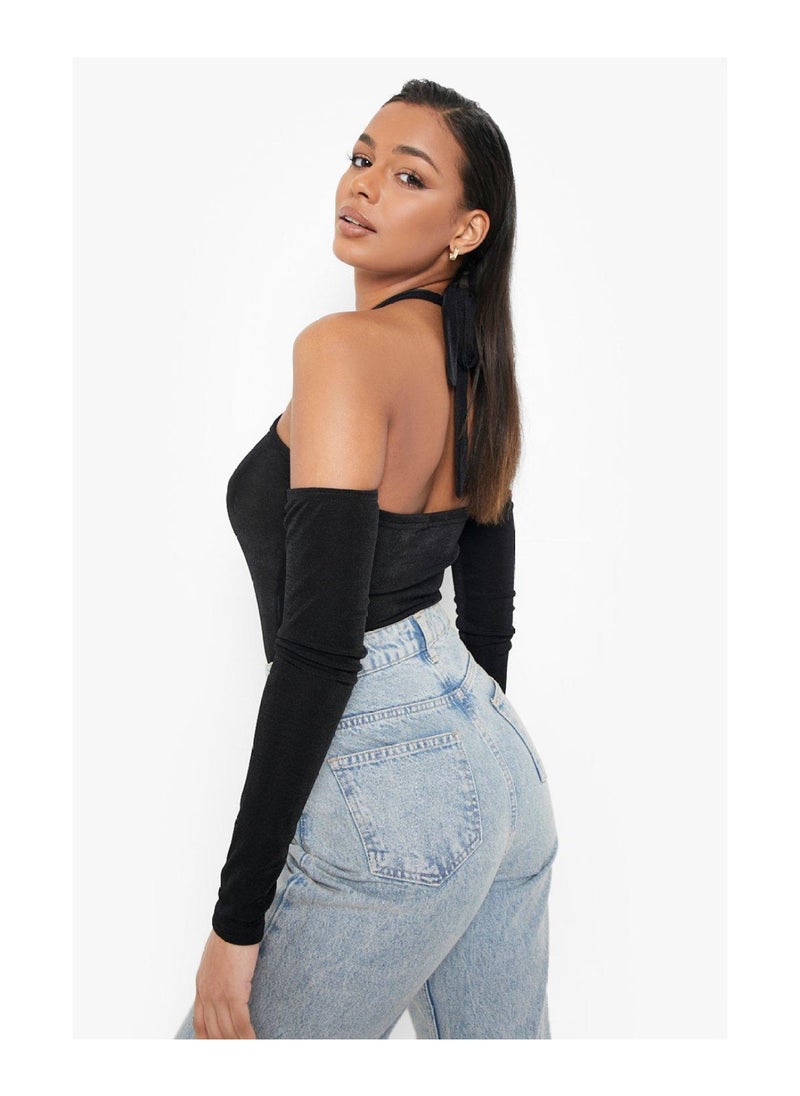 boohoo - Acetate Slinky Cut Out Halter Bodysuit - Image 1
