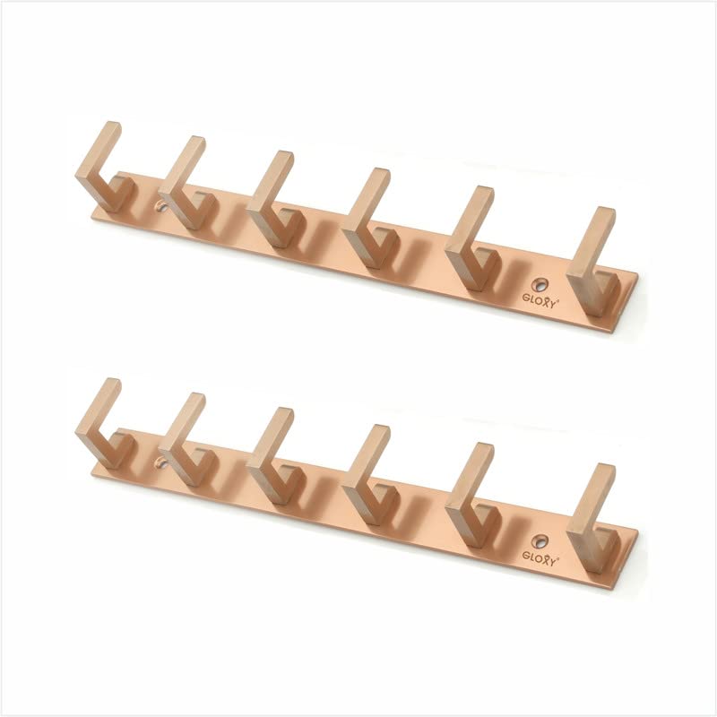 GLOXY Stainless Steel Bathroom Accessories 6 Hooks Plate, Wall Mounting Door Back Hanger Pins for Hanging Cloth Set, Shirt Bar & Towel Rack, Robe, Key 4 Pin khutti(Rose Gold, Pack of 2) - Image 1