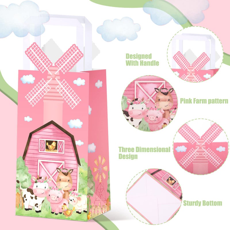 Trnayi 16 Pcs Pink Farm Party Favors Bags Pink Farm Birthday Supplies Decorations Goodie Bags with Handle for Birthday Supplies Decorations - Image 3