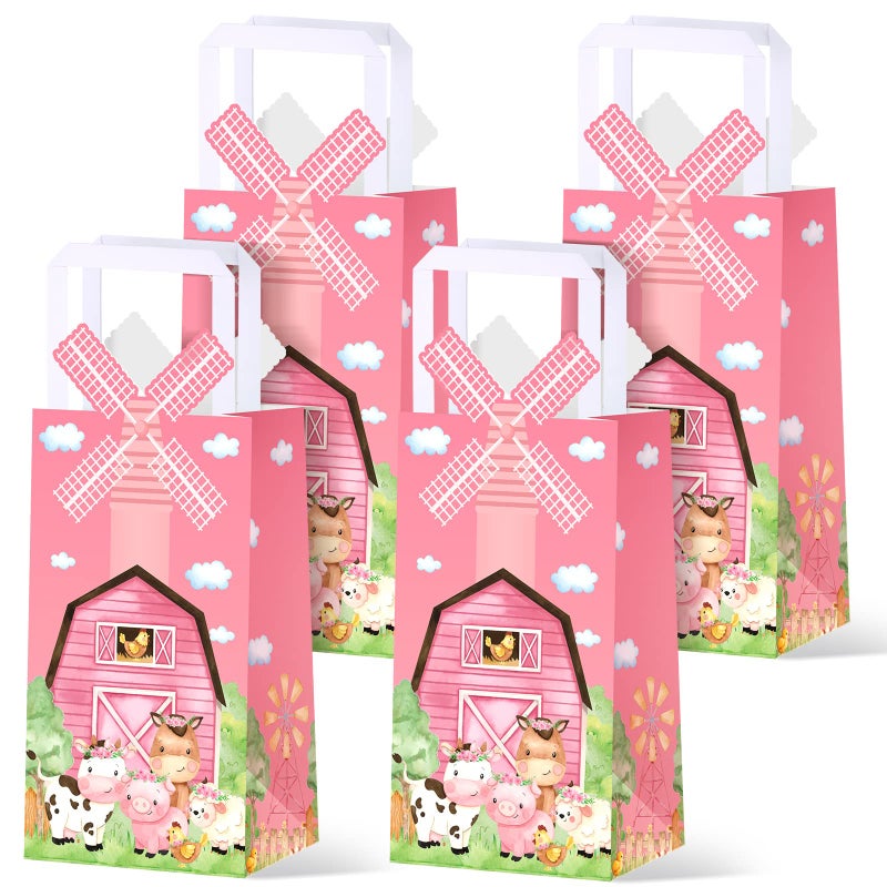 Trnayi 16 Pcs Pink Farm Party Favors Bags Pink Farm Birthday Supplies Decorations Goodie Bags with Handle for Birthday Supplies Decorations - Image 1