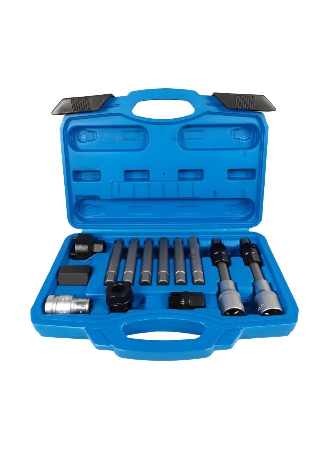 13PCS Alternator Pulley Removal Tool Kit – CR-V Steel Socket Bit Set with H8, H10, M8, M10, T40, T50 Bits and Adapters – Professional Automotive Pulley Removal and Installation Set with Storage Case - Image 1